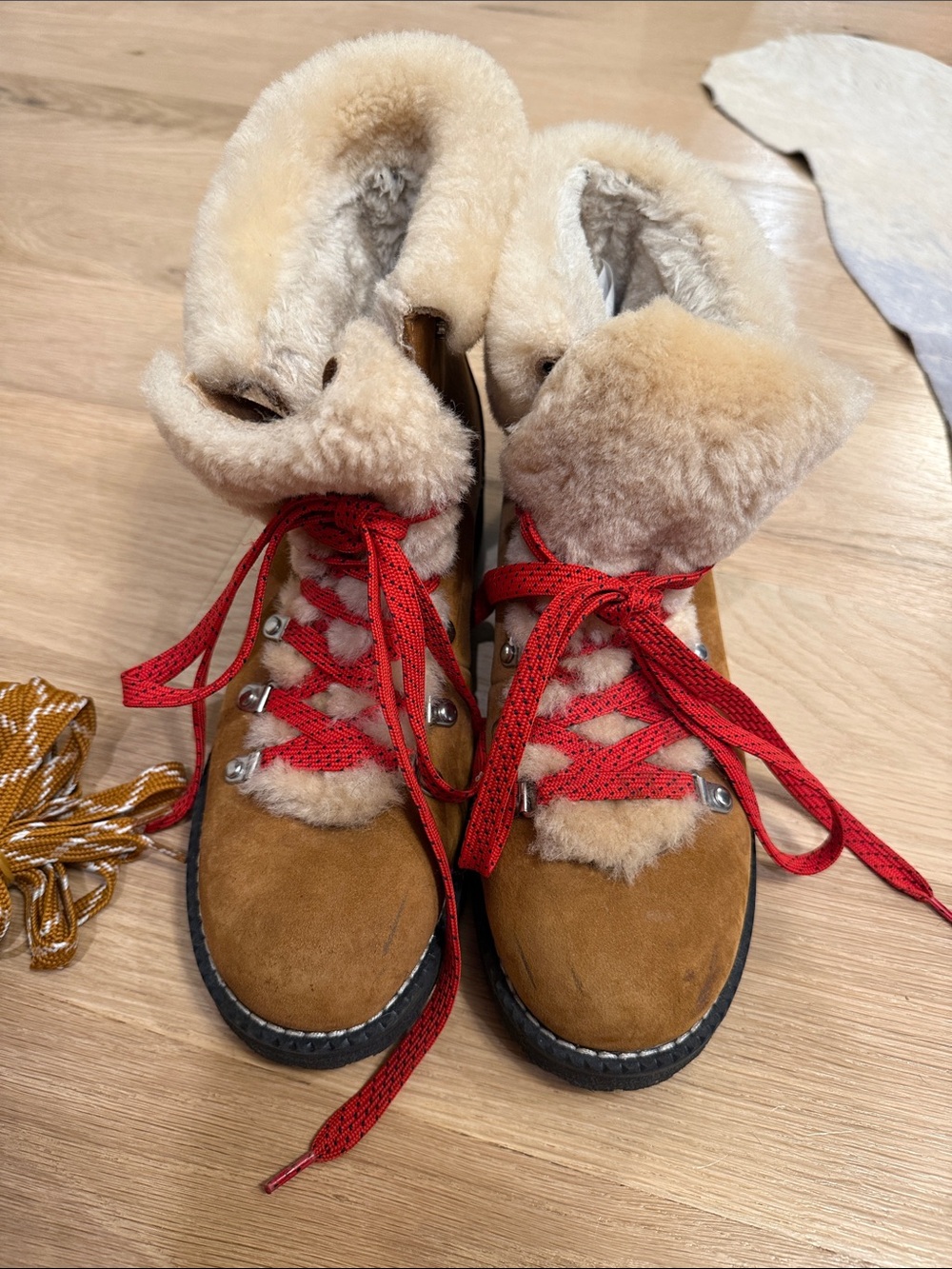 J. Crew Brown Suede Lace-Up Shearling Boots with Red Laces
